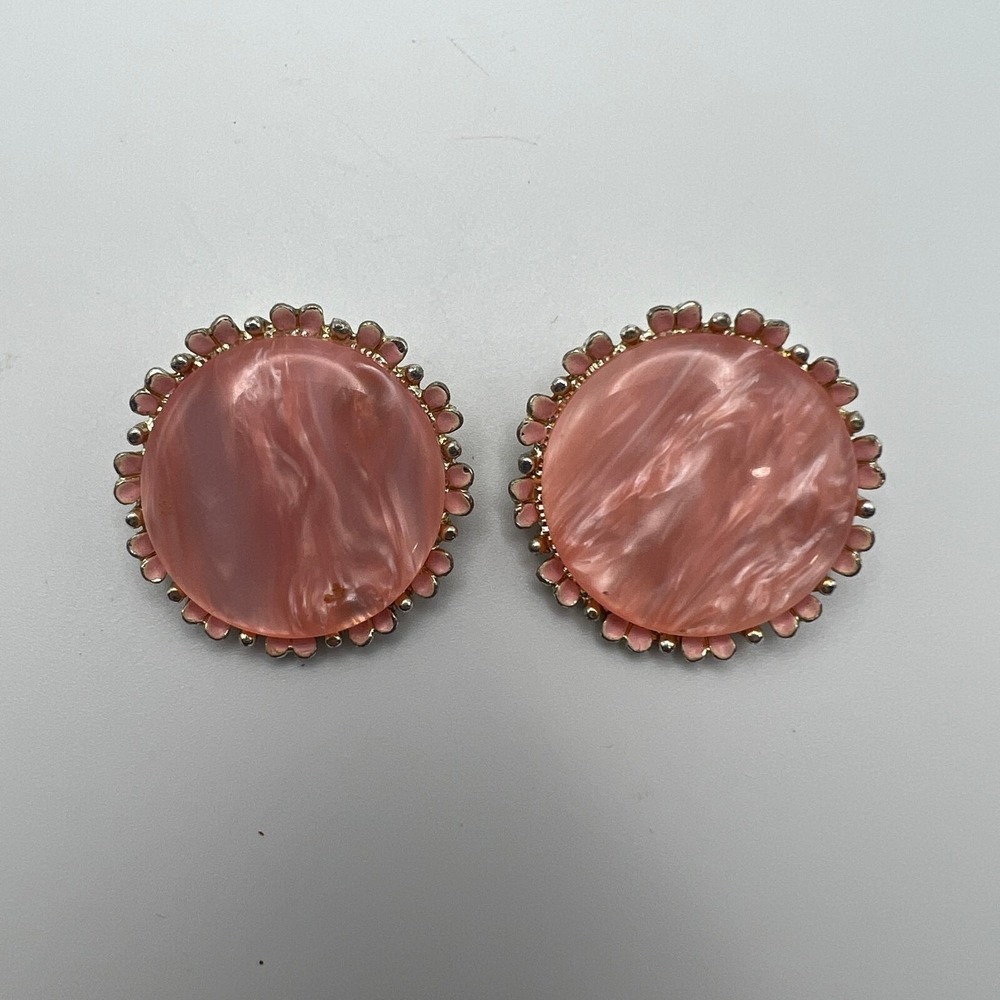 Vintage Clip On Earrings Large Button Marbled Pinkβ Acrylic Stones Gold Tone
